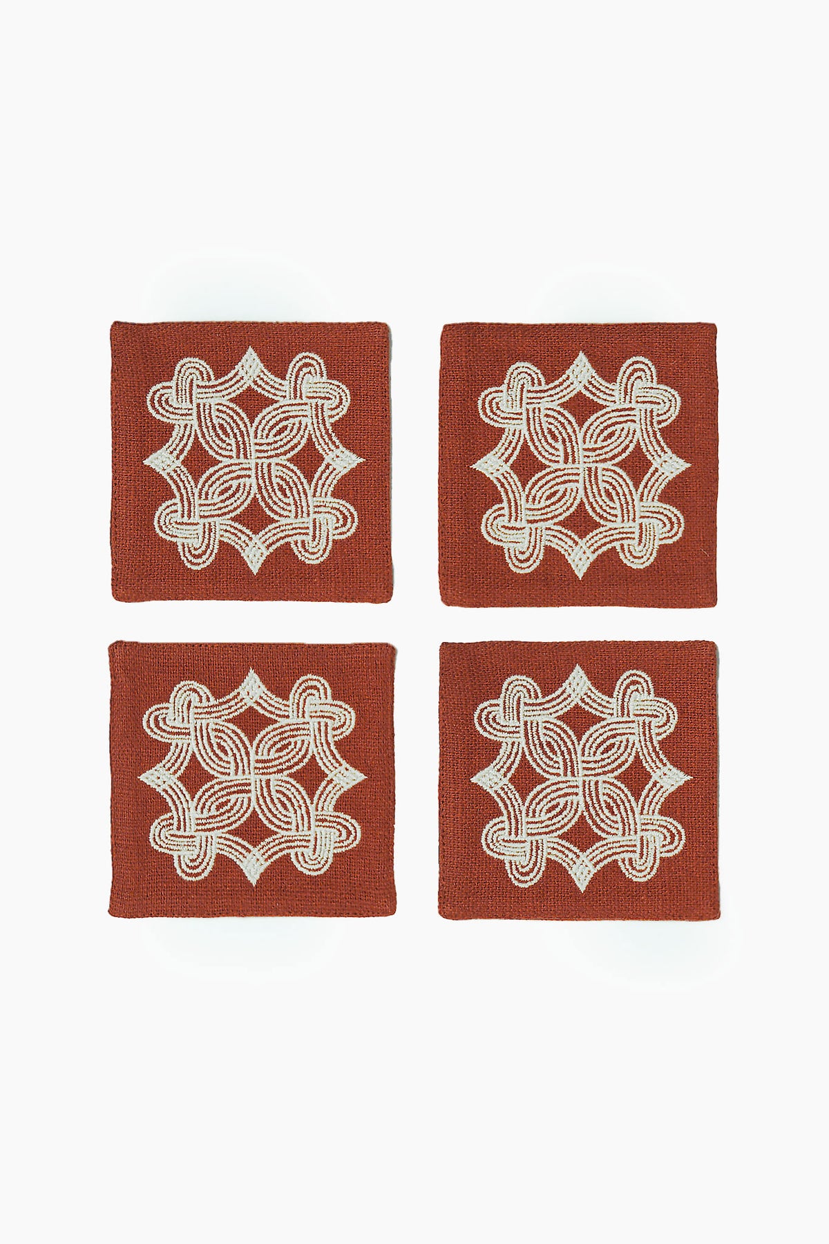 Kolam Knot Embroidered Cotton Linen Coaster Set of 4