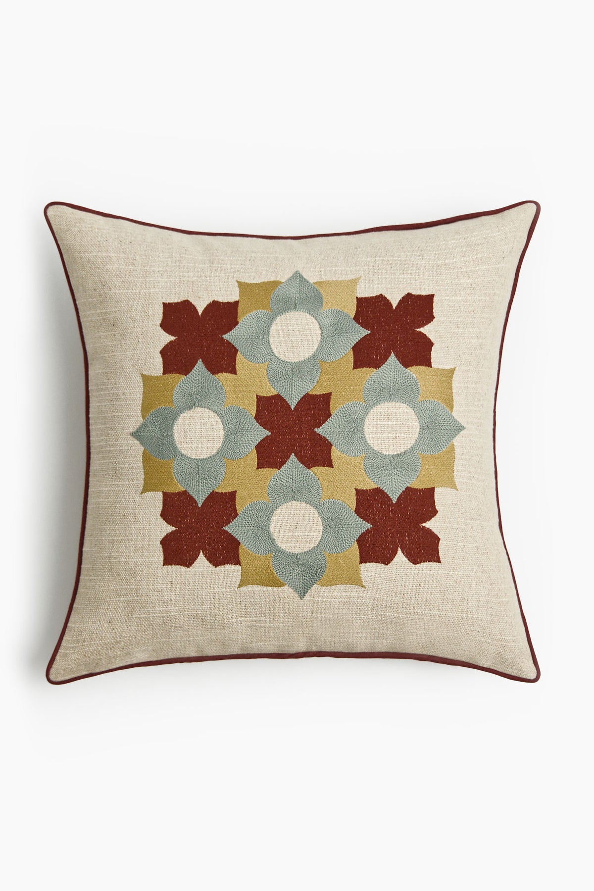 Athangudi Rosette Embroidered Cotton-Jute Cushion Cover
