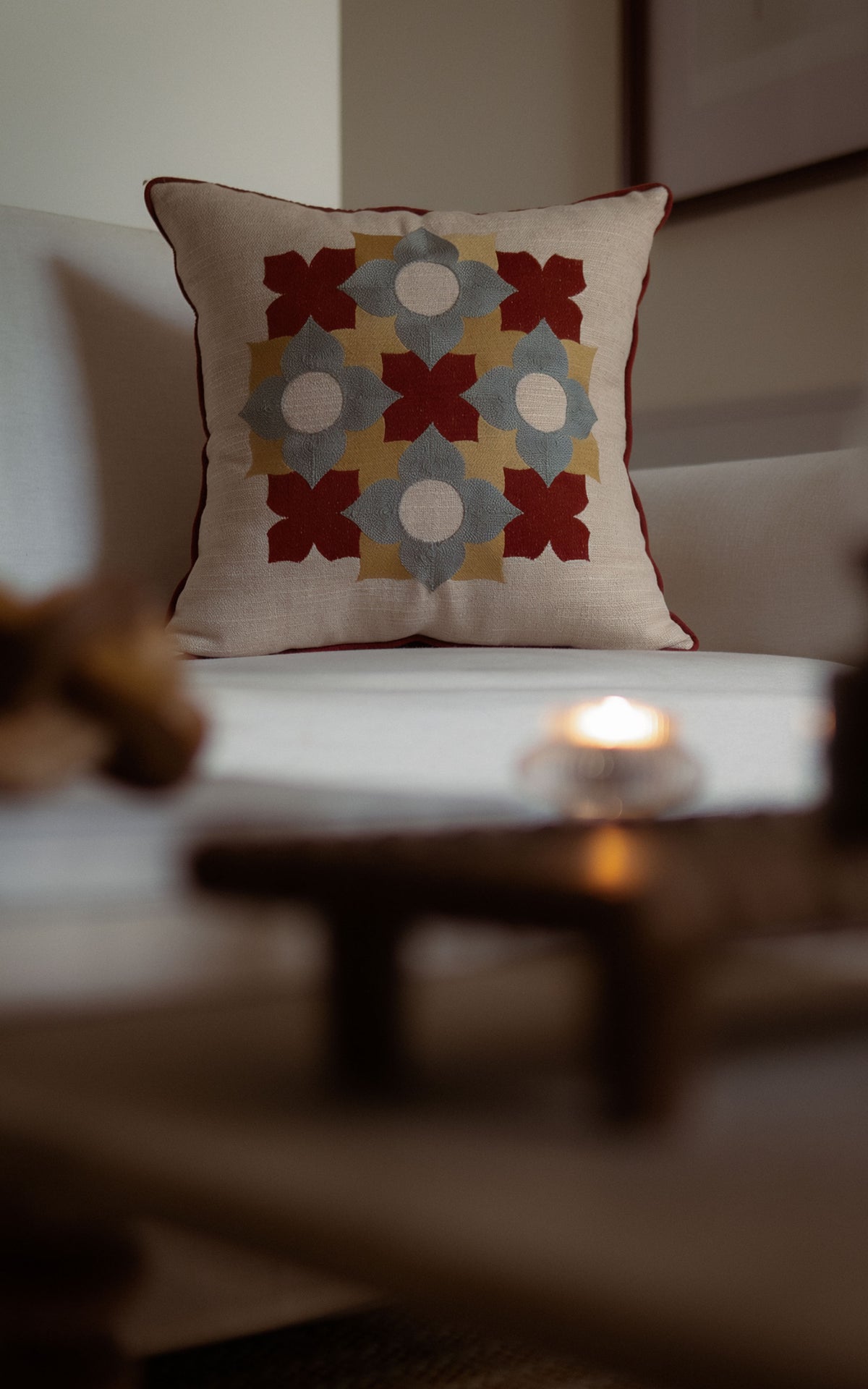 Athangudi Rosette Embroidered Cotton-Jute Cushion Cover